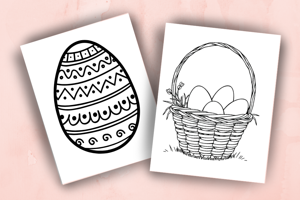 Two easter egg coloring pages on a pink background.